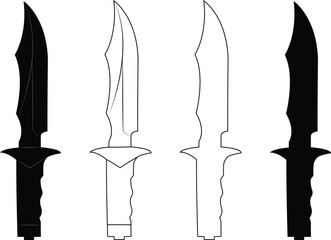 Combat Knife Silhouette and Outline Vector Set