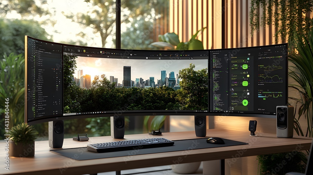 Poster modern workspace with a triple monitor setup displaying city skyline, code, and data graphs. surroun