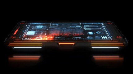 Futuristic tablet with glowing orange accents displays holographic data, graphs, and interfaces. Sci-fi technology concept on black background.