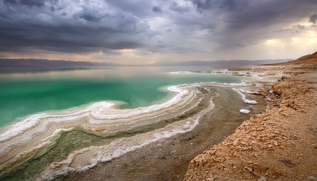 dead sea and overcast sky in cloudy weather