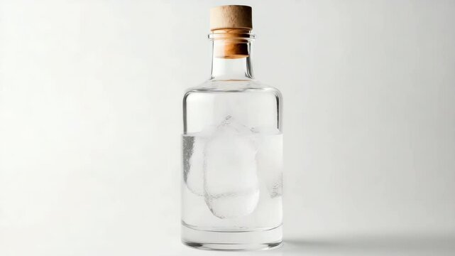 The camera rotates around a bottle of water and ice.