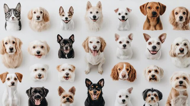 A row of dogs with different colors and sizes are shown with their mouths open. The dogs are all smiling and looking at the camera. The variety of breeds