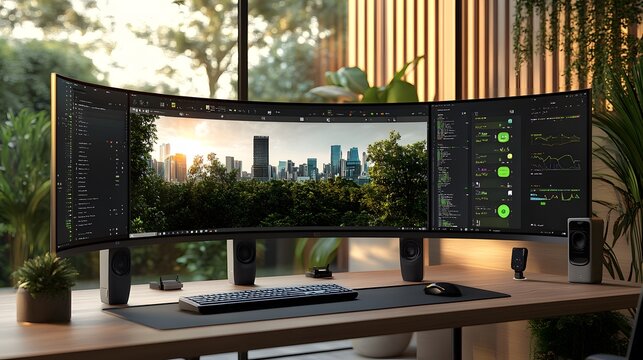Modern workspace with a triple monitor setup displaying city skyline, code, and data graphs.  Surrounded by plants and natural light. Sleek design with minimalist aesthetics.
