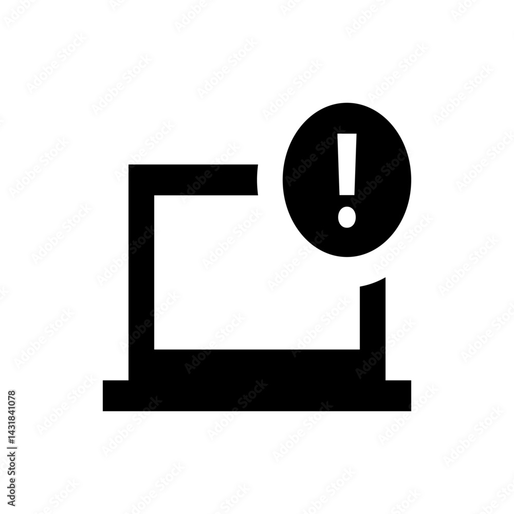 Poster laptop computer icon with an exclamation mark inside a circle indicating a problem or error message 