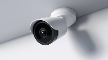Fototapeta premium Modern security camera mounted on a white wall in a minimalist indoor setting. 