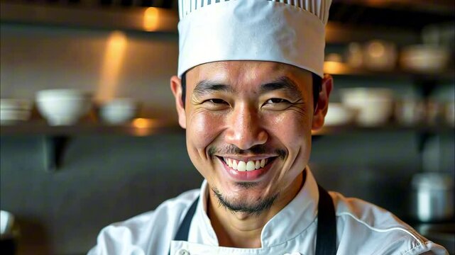 Smiling asian chef in white uniform and hat looking at camera in professional kitchen with blurred restaurant interior and dishware. Concept of asian cuisine, restaurant business, culinary expertise.