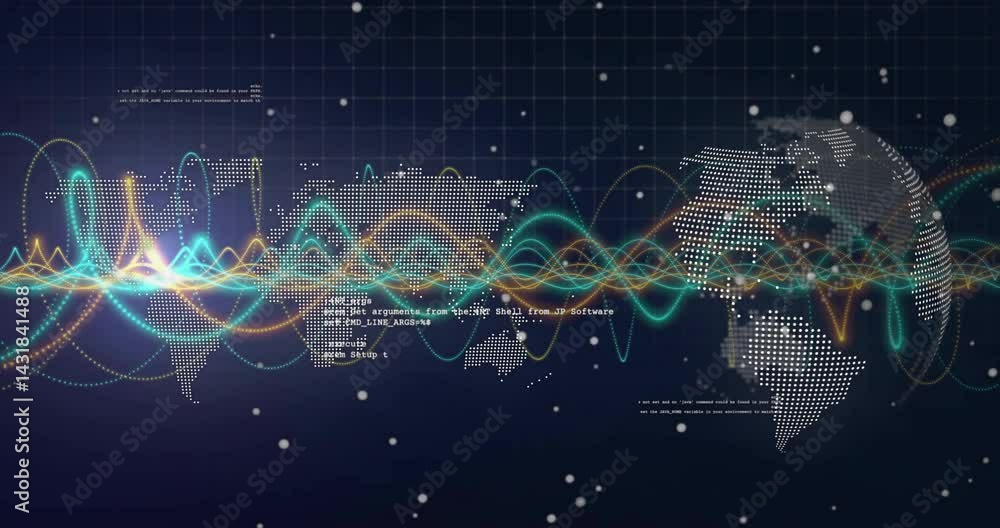 Fototapete digital interface showing world map dots with flowing waveform lines and floating code particles