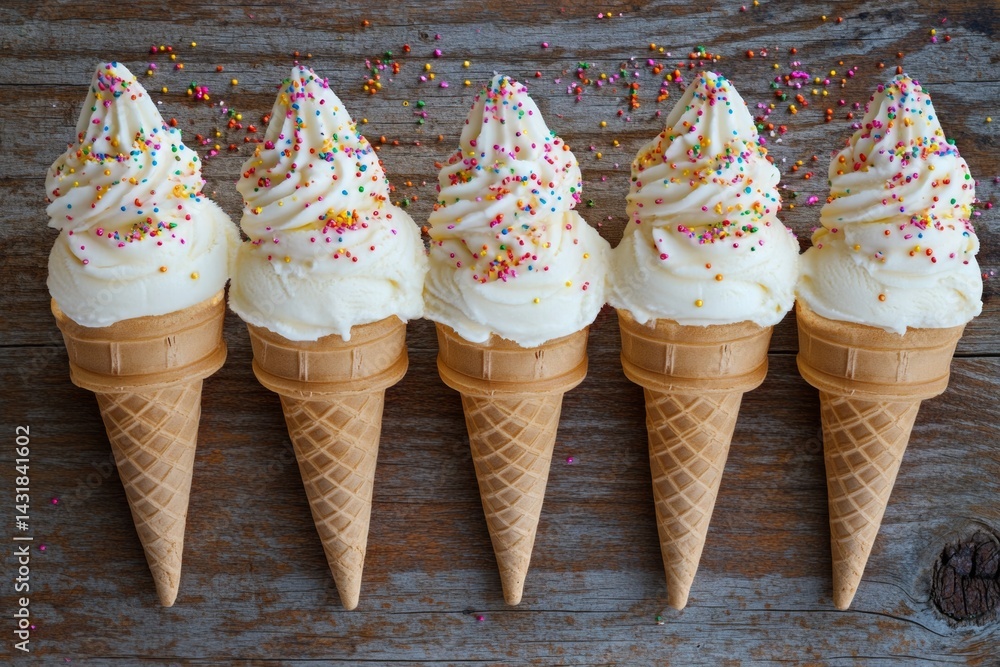 Aufkleber five ice cream cones are arranged in a neat row on a rustic wooden table, each topped with creamy va