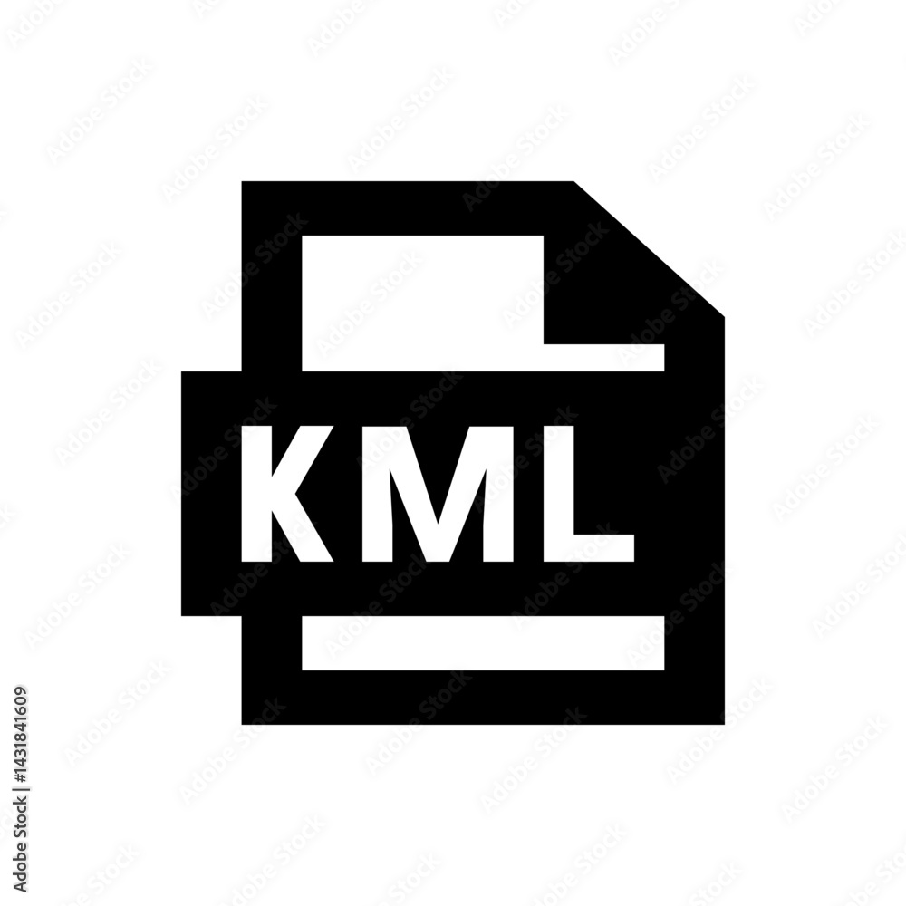 Poster illustration of a kml file icon in black and white with a folded corner and bold text on the file