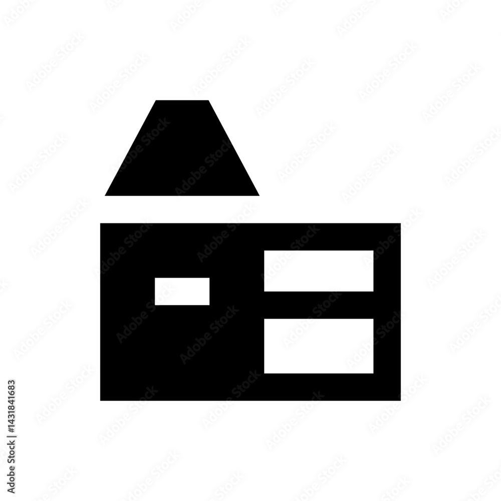 Poster Simple black and white house icon with triangular roof and two windows in a minimalist style design