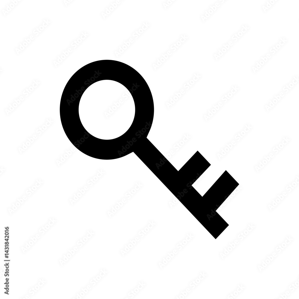 Poster a simple black key illustration with a circular top and a geometric bit angled on a white background