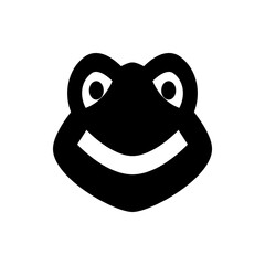 Illustration of a stylized black frog head with a smile and round eyes on a white background