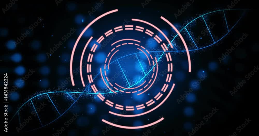 Poster showing glowing dna helix running diagonally through bokeh interface, intersecting pink circles