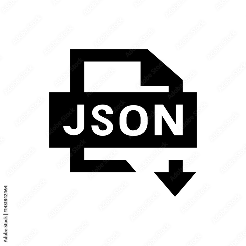 Aufkleber black json file icon with a downward arrow indicating a download on a white isolated background view
