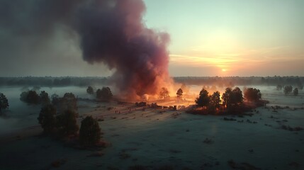 Sunrise fire in misty field