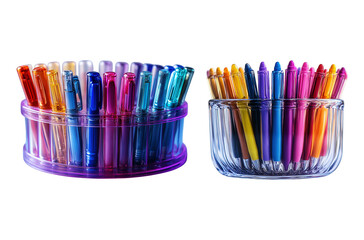 Colorful gel pens in containers set for creative writing