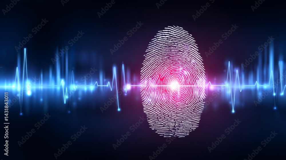 Poster fingerprint abstract with heartbeat pulse - abstract symbolizing identity, security, technology, lif