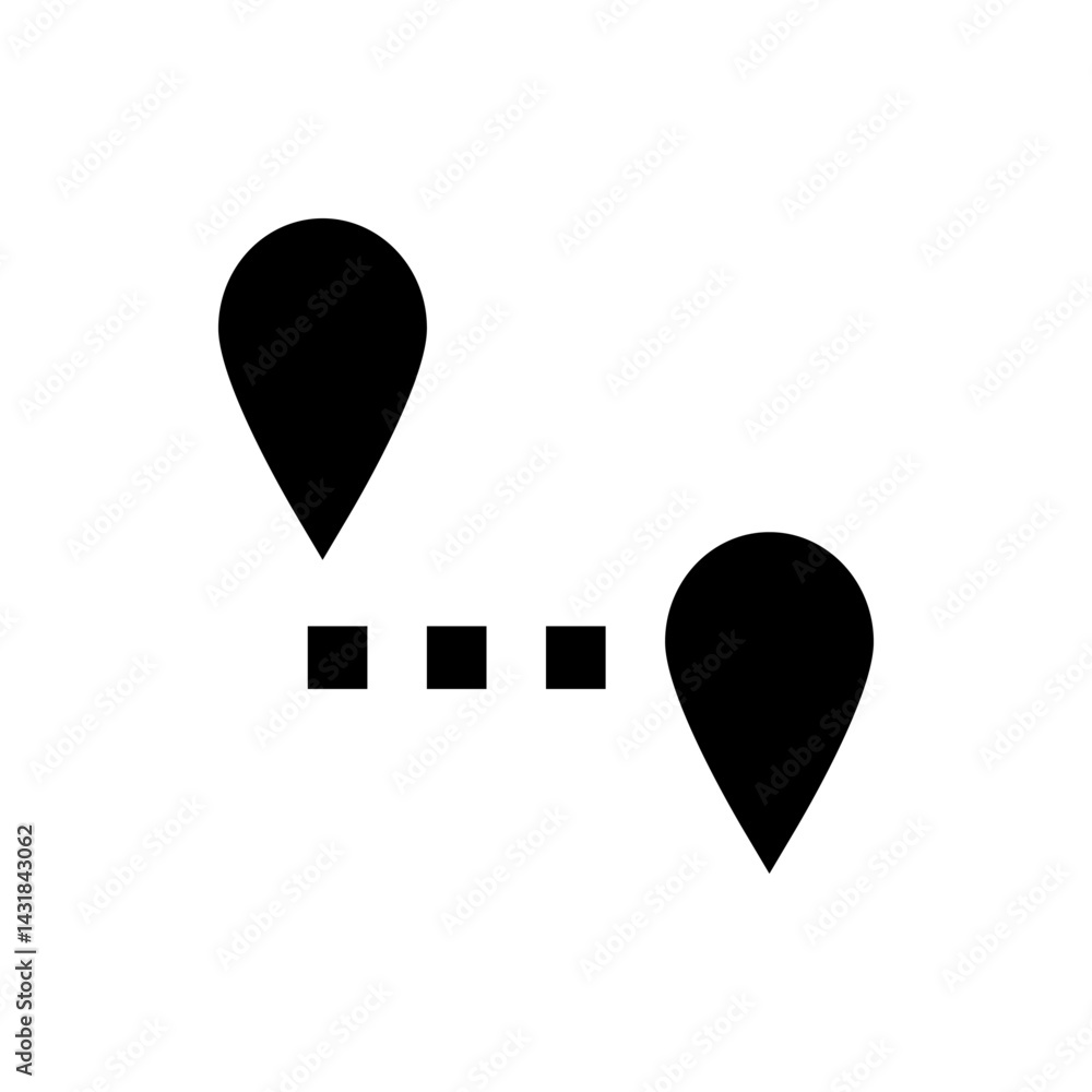 Poster two black map pin icons with three square markers in between on a white isolated background view