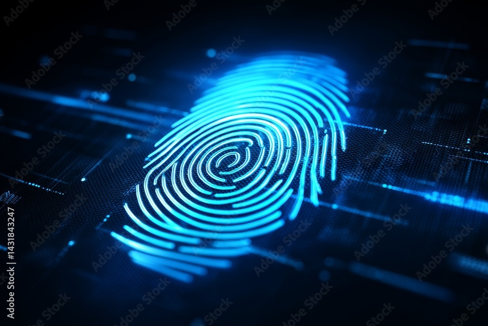 Poster fingerprint security scan - abstract glowing blue fingerprint on a dark background, representing cyb