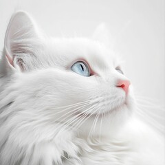 White cotton cat with striking blue eyes poised in a minimalistic setting showcasing hyper-realistic features and vibrant soft tones