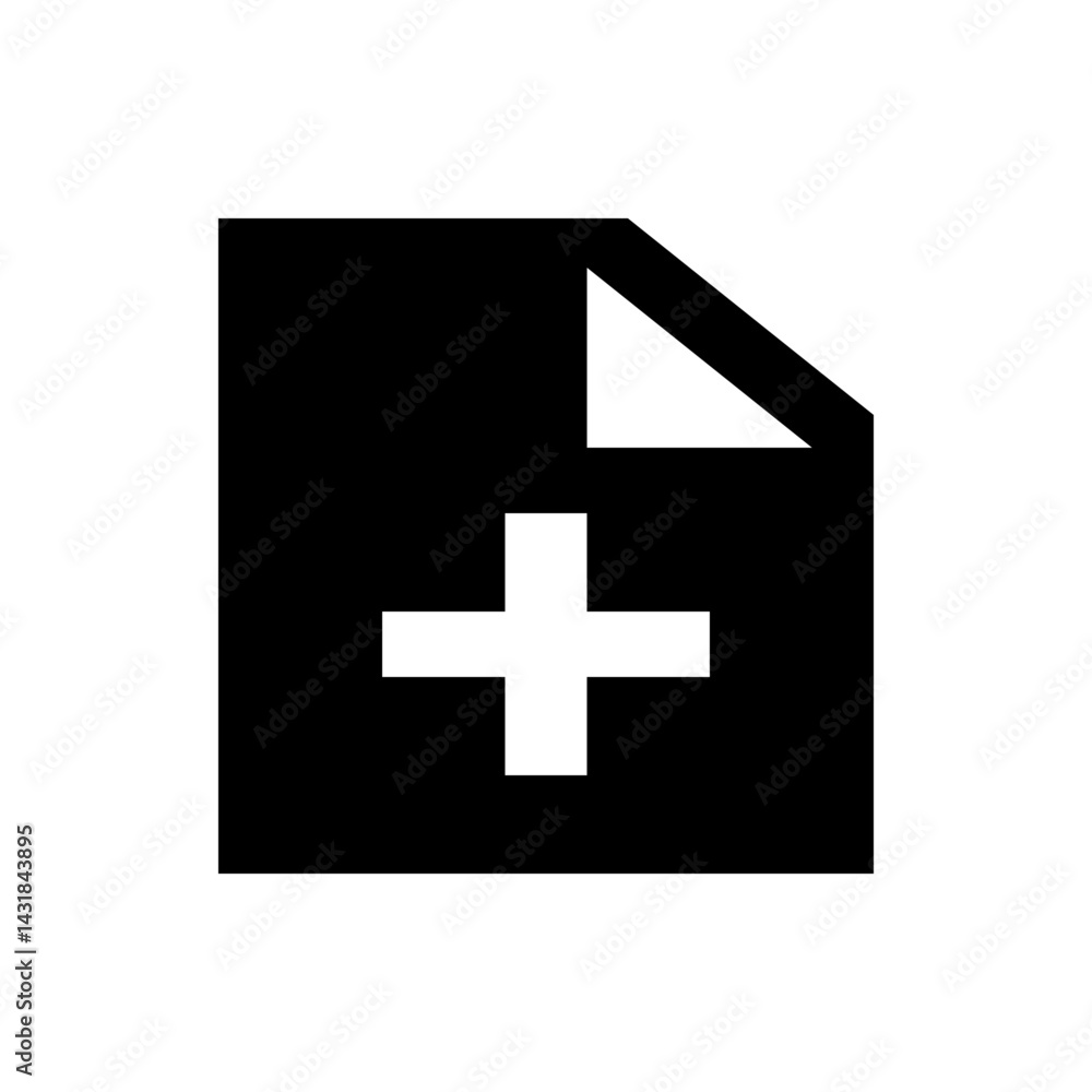 Poster black document with folded corner and a white plus sign in the center on a white background plain vi
