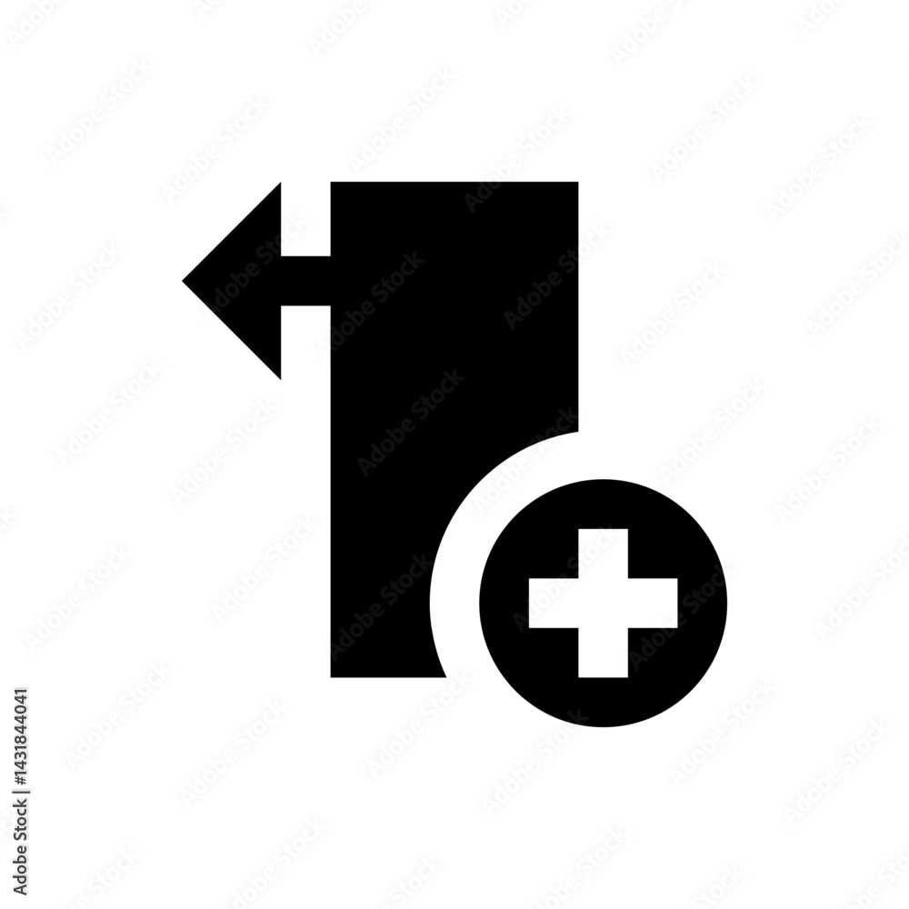 Poster black arrow pointing left attached to a rectangle with a plus sign in a circle on the bottom right