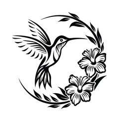 Silhouette Hummingbird Flying Around Hibiscus Flowers, Decorative Floral Design, Elegant Bird