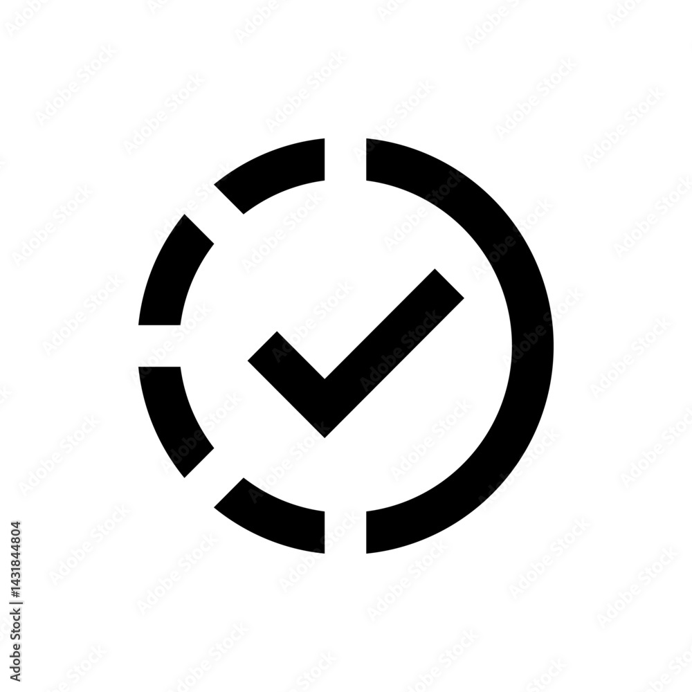 Poster black circular progress indicator with segmented arc and check mark in the center icon symbol