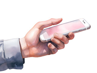 Watercolor illustration of a hand holding a smartphone, white background 