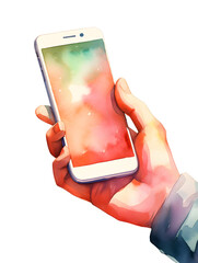 Watercolor illustration of a hand holding a smartphone, white background 