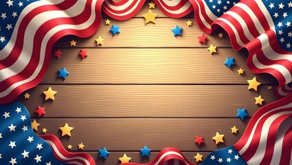 Obraz premium American independence Day, celebration, patriotism and holidays concept - flags and stars on the 4th of July party on top on wooden background
