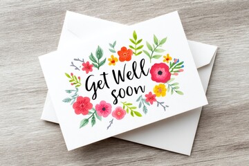 Get Well Soon Floral Watercolor Card - A vibrant watercolor floral design surrounds the message "Get Well Soon." It symbolizes hope, healing, cheerfulness, recovery, and wishes for good health