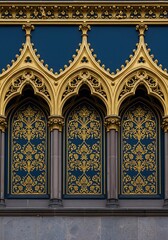 Obraz premium The focus is on the ornate architectural details: three gold-trimmed Gothic arches showcasing intricate gold floral designs on a teal wall above a stone base
