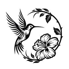 Hummingbird in Flight with Hibiscus Flower and Branch Silhouette Black and White Art