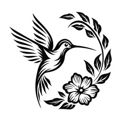 Elegant Black Silhouette of Flying Hummingbird with Floral Branch and Blooming Flower