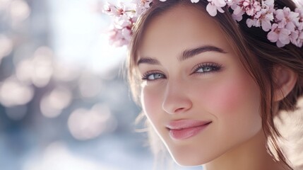 Naklejka premium Radiant young woman adorned with a delicate cherry blossom crown.