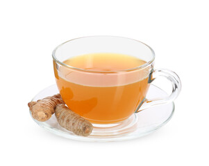 Aromatic turmeric tea in glass cup and roots isolated on white