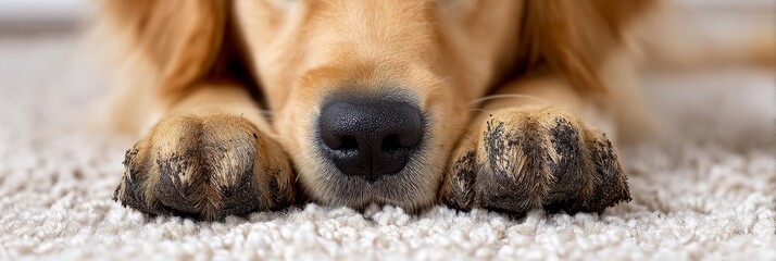 Naklejka na ściany i meble Golden Retriever Muddy Paws on Carpet - Adorable Golden Retriever resting, muddy paws on carpet. Symbolizes: playfulness, canine companionship, unconditional love, nature's beauty