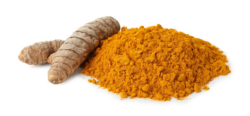 Pile of turmeric powder and roots isolated on white
