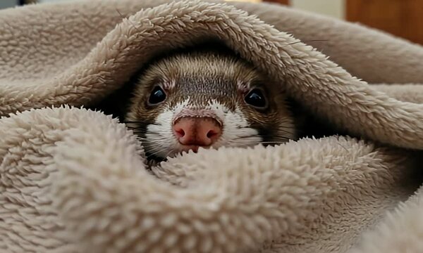 Adorable ferret peeking from under a soft, cozy blanket