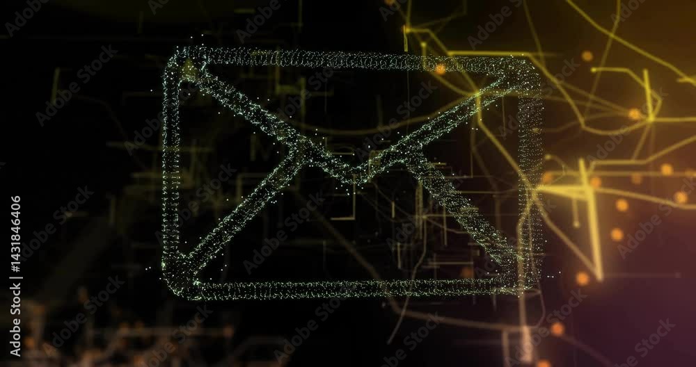 Aufkleber glowing digital envelope icon floating in 3d network, showing swirling particles and circuit lines