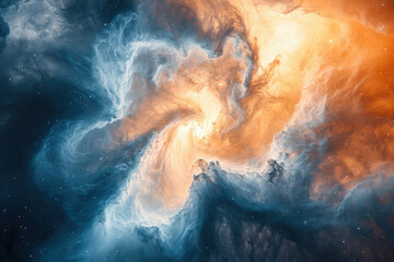 Fototapeta premium A mesmerizing cosmic nebula swirls in vibrant blue and orange hues, showcasing a celestial dance of gas and dust.