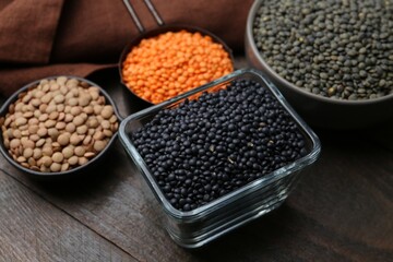 Different types of lentils on wooden table, closeup