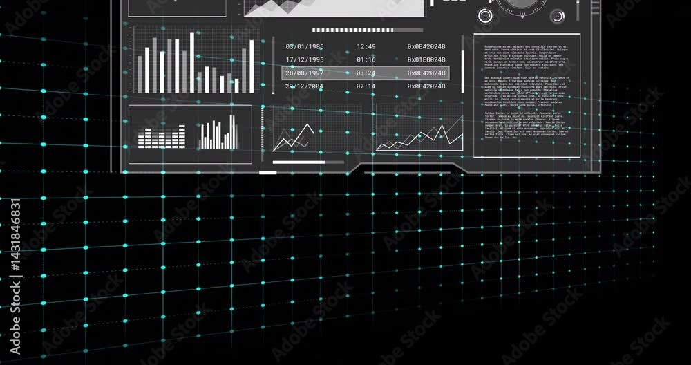 Poster dashboard showing ECG waveform pulsing, panels updating numeric hexadecimal and globe rotating