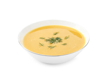 Delicious lentil cream soup with dill in bowl isolated on white