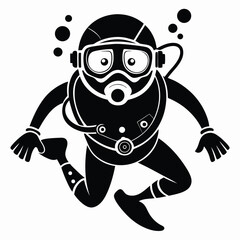 Monochrome Scuba Diver Silhouette with Bubbles, Underwater Black and White Symbol