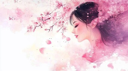 Delicate profile of a woman amidst a spring blossom canopy.