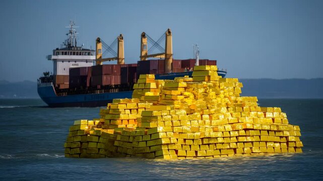 Immense pile of shiny gold bullion bars in ocean water with a container ship sailing behind. Gold brick bars in stack. Wealth, economy, trading concept.