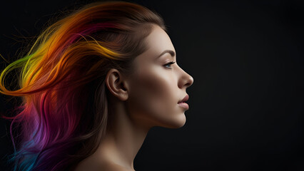 "Vibrant Elegance: Woman with Flowing Rainbow Hair on Dark Background"

