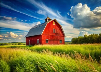 Obraz premium Rustic Red Barn in Wild Grass Field - Serene Rural Landscape Stock Photo